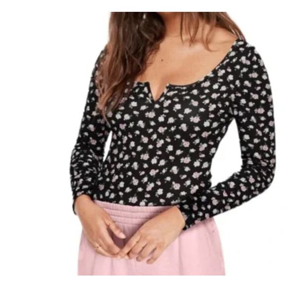 Victoria's Secret PINK Bodysuit Floral Thong Black Medium Y2K V-Neck - Picture 1 of 7